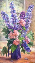Дельфиниумы и гортензии (2020, х.м., 70x40, арт. 15К.15) - 30 600 ₽